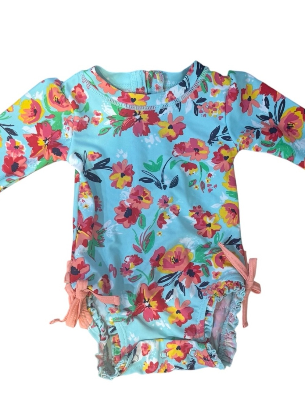 Ruffle Butts Light Blue Floral Long Sleeve Swim Suit with Pink & Yellow Flowers - Picture 3 of 12